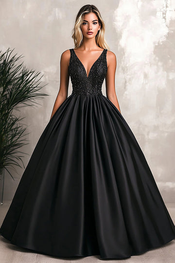 Sparkly Black A-Line V Neck Satin Long Prom Dress with Sequins